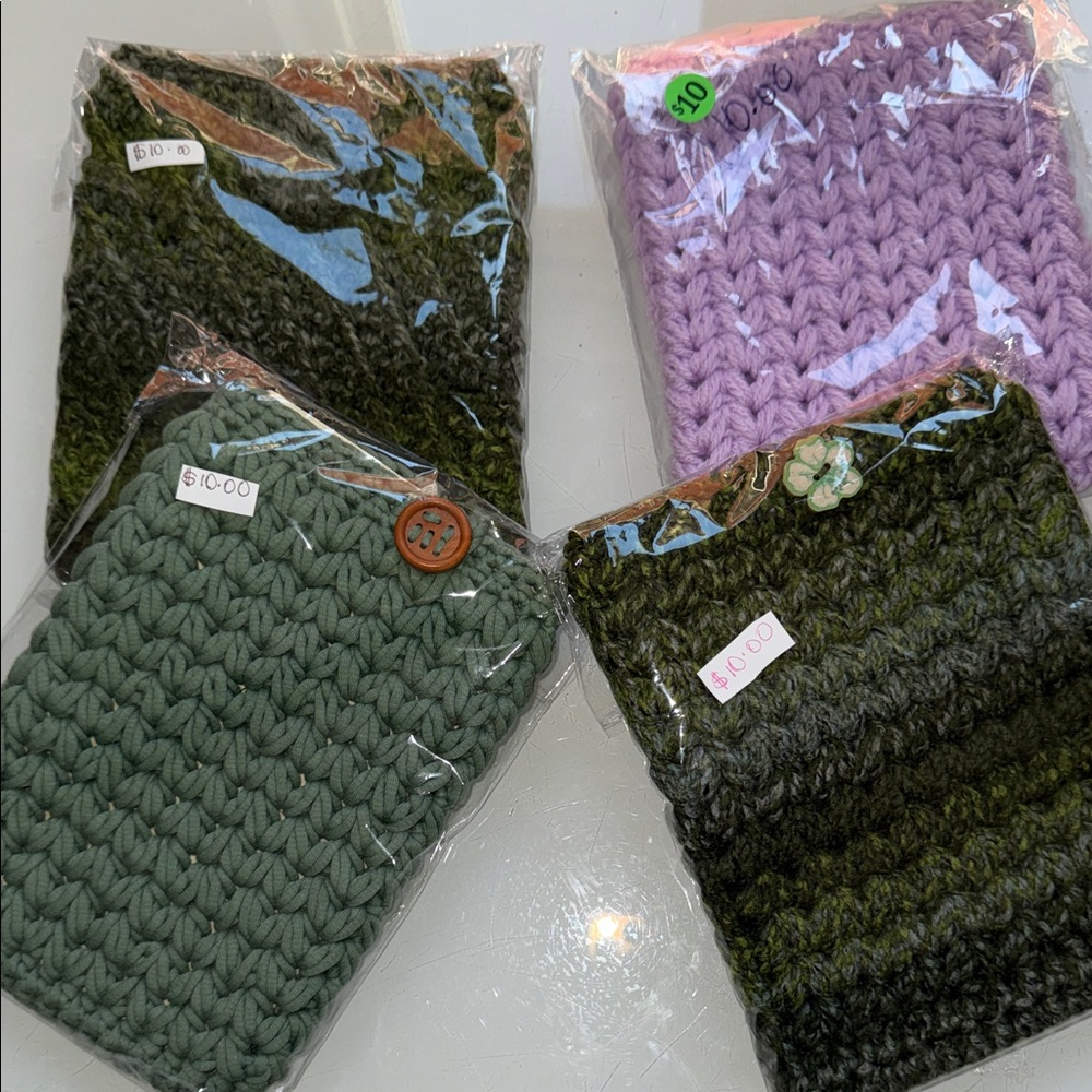 Handmade Knitted Pouches in Green and Purple